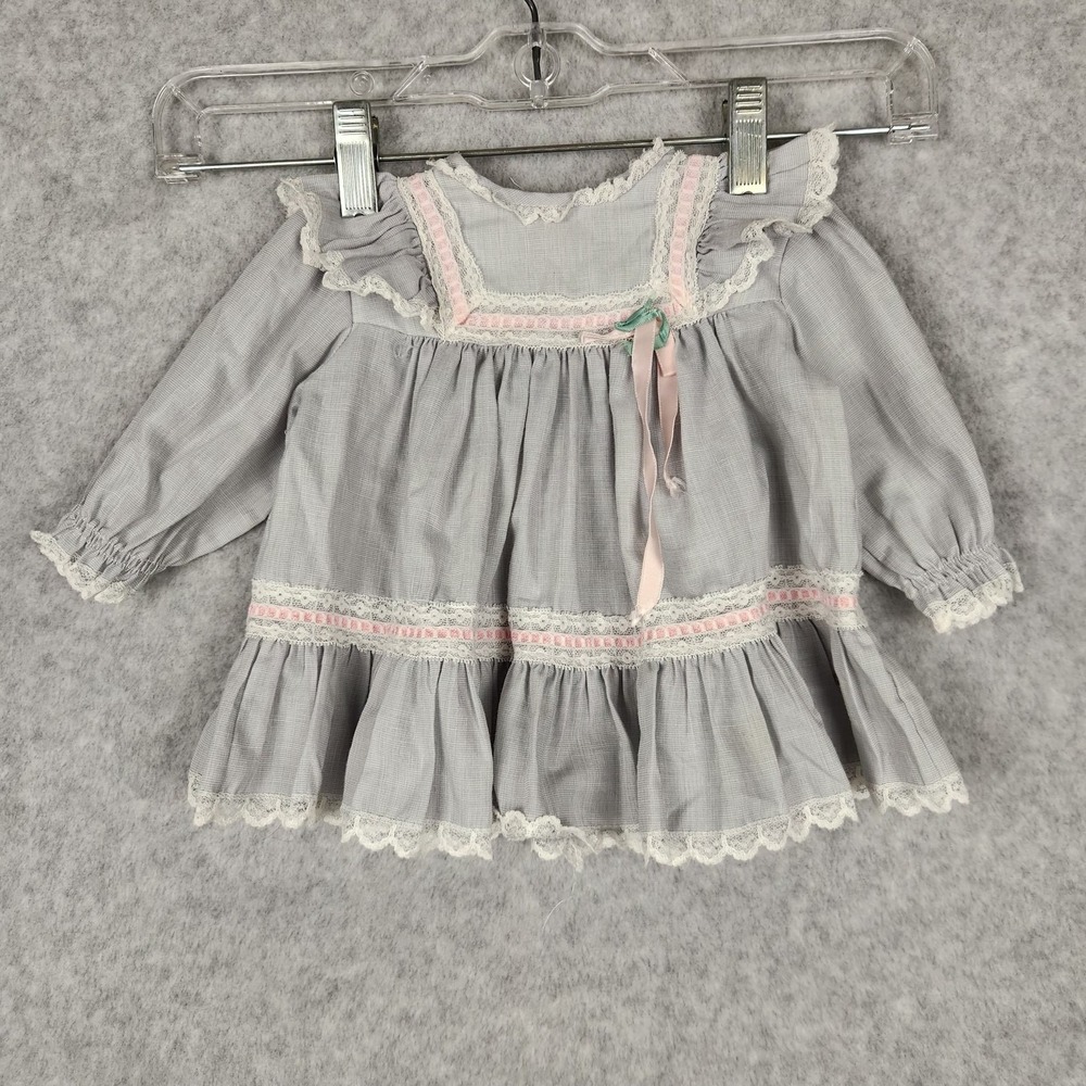 Vintage Bryan Baby Dress‎ 0-3 Months Gray Lace Pink Ribbon Made USA Long Sleeve